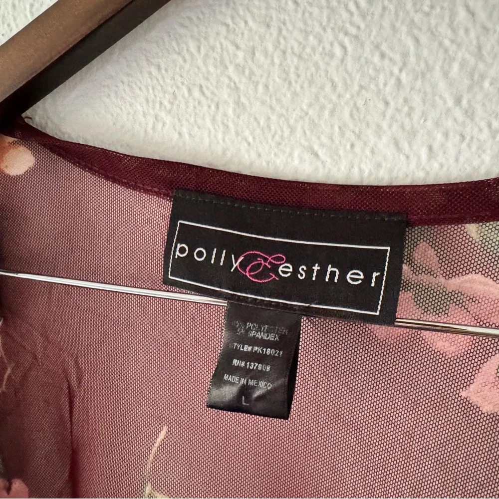 Mesh Kimono Floral Knit Wine Rose Relaxed Sheer Boho Size Large Polly & Esther - Picture 9 of 12